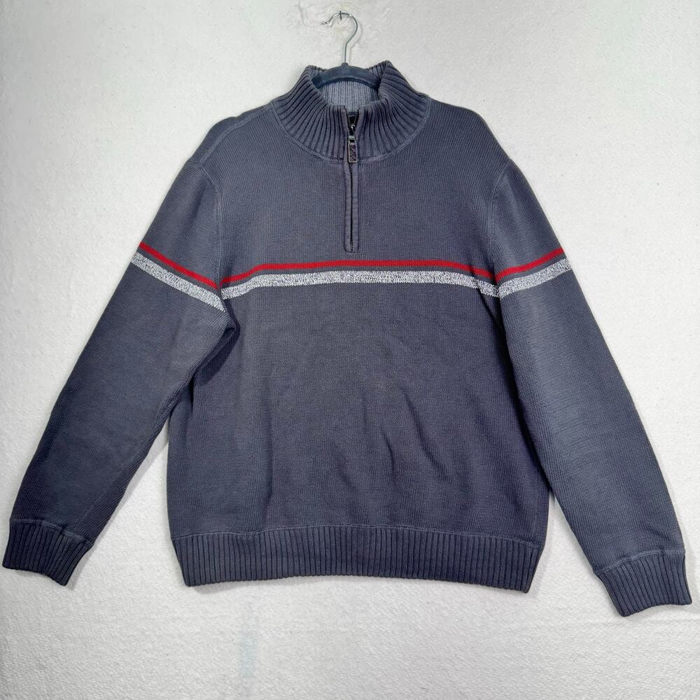 Eddie Bauer 1/4 Zip Charcoal Gray 90's Stripe Pullover Cotton Sweater Men’s XL